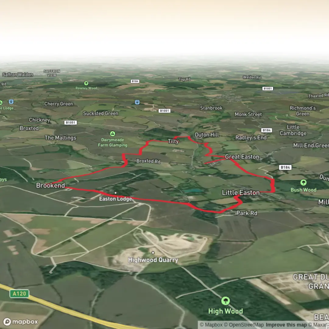 An image depicting the trail Great Easton and Broxted Hill Loop and its surrounding area.