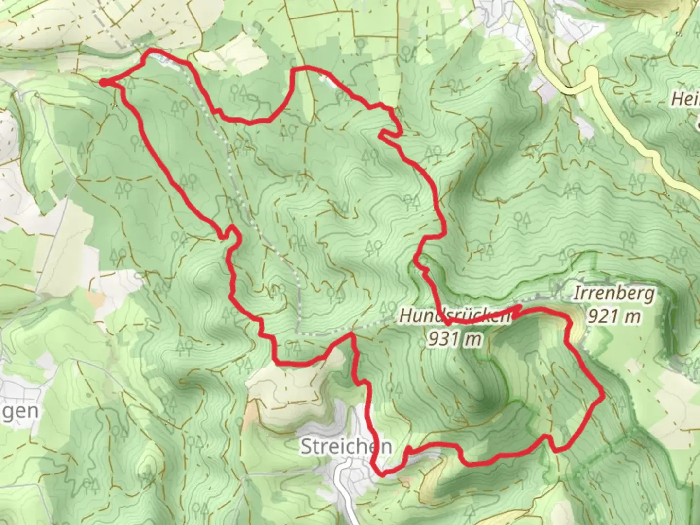 An image depicting the trail Hundsrucken Loop via Streichen and its surrounding area.