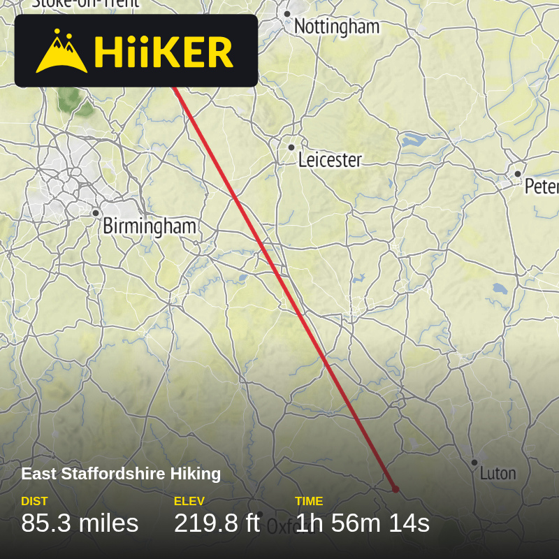 A map preview of the recording East Staffordshire Hiking.