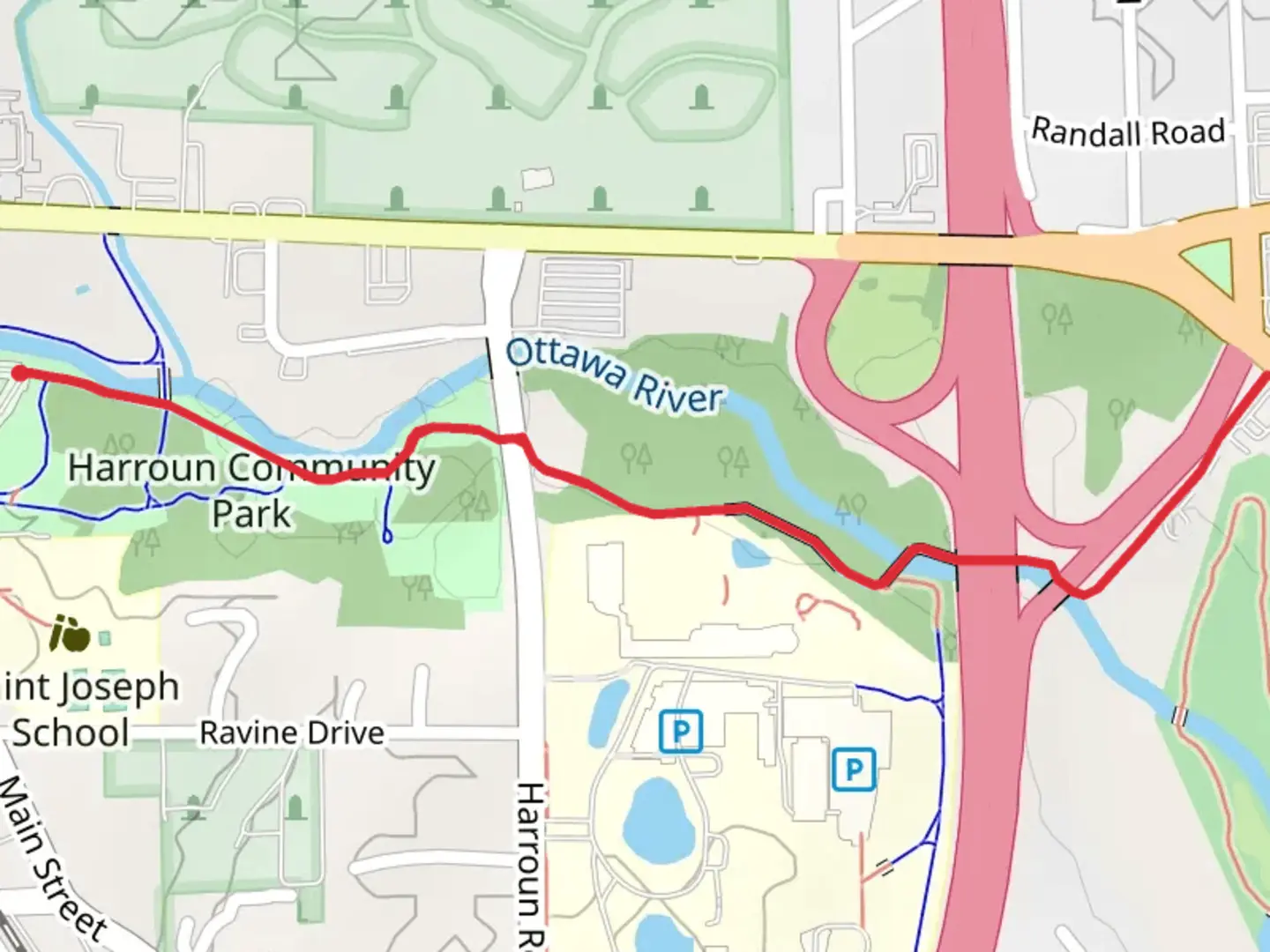 An image depicting the trail River Trail from Harroun Community Park and its surrounding area.