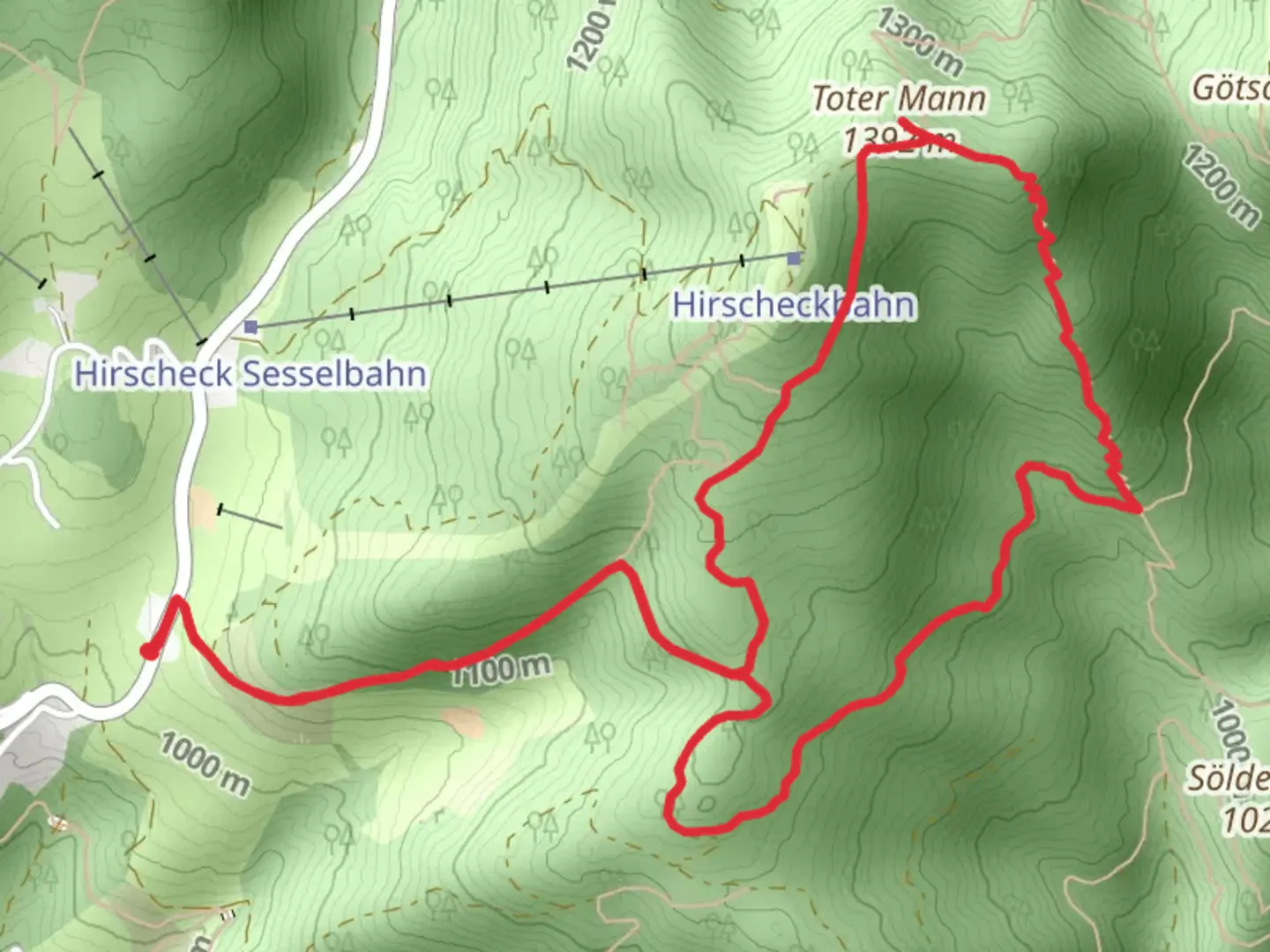An image depicting the trail Toter Mann via Wanderweg and its surrounding area.