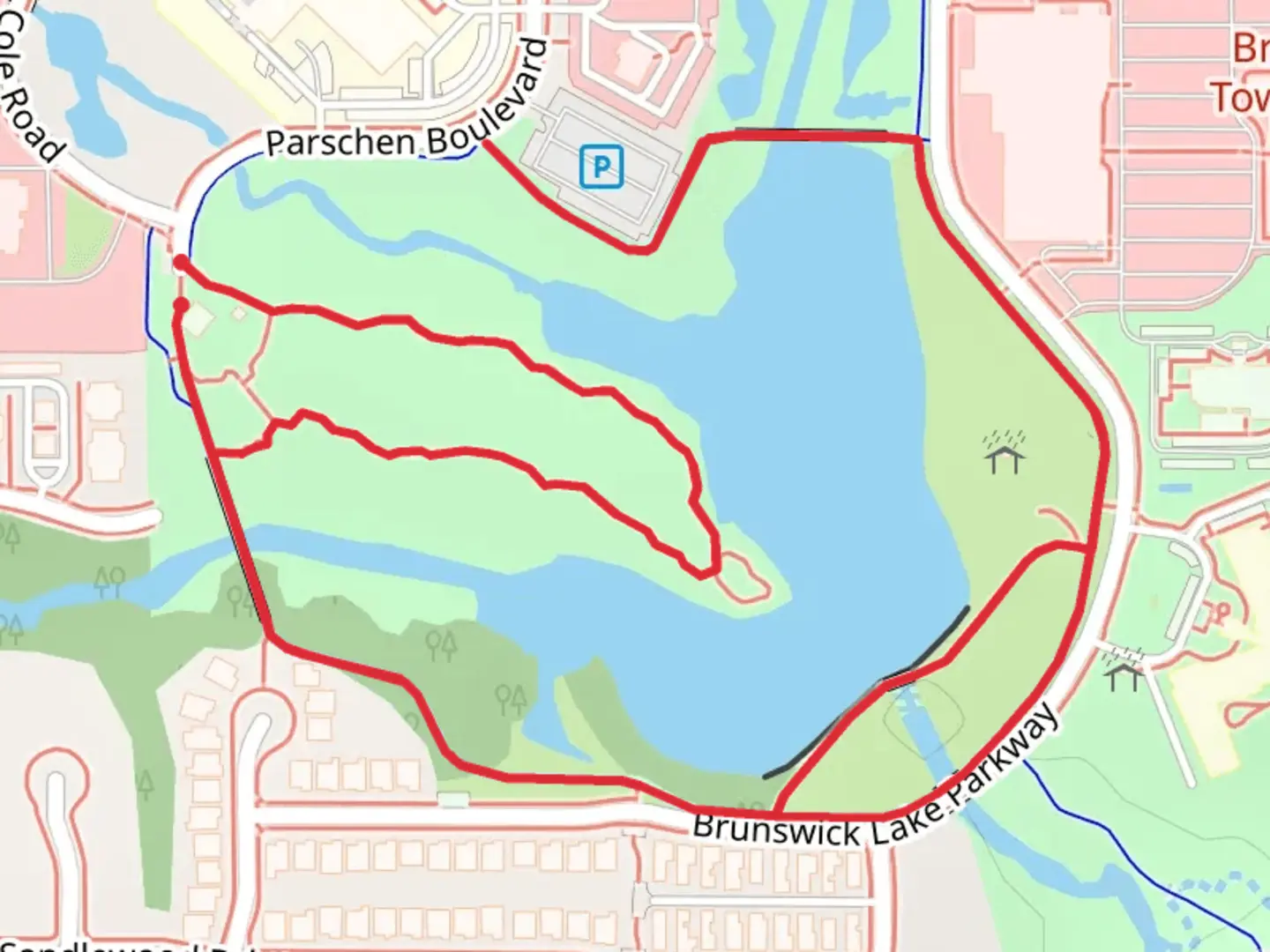 An image depicting the trail Brunswick Lake Parkway Loop and its surrounding area.