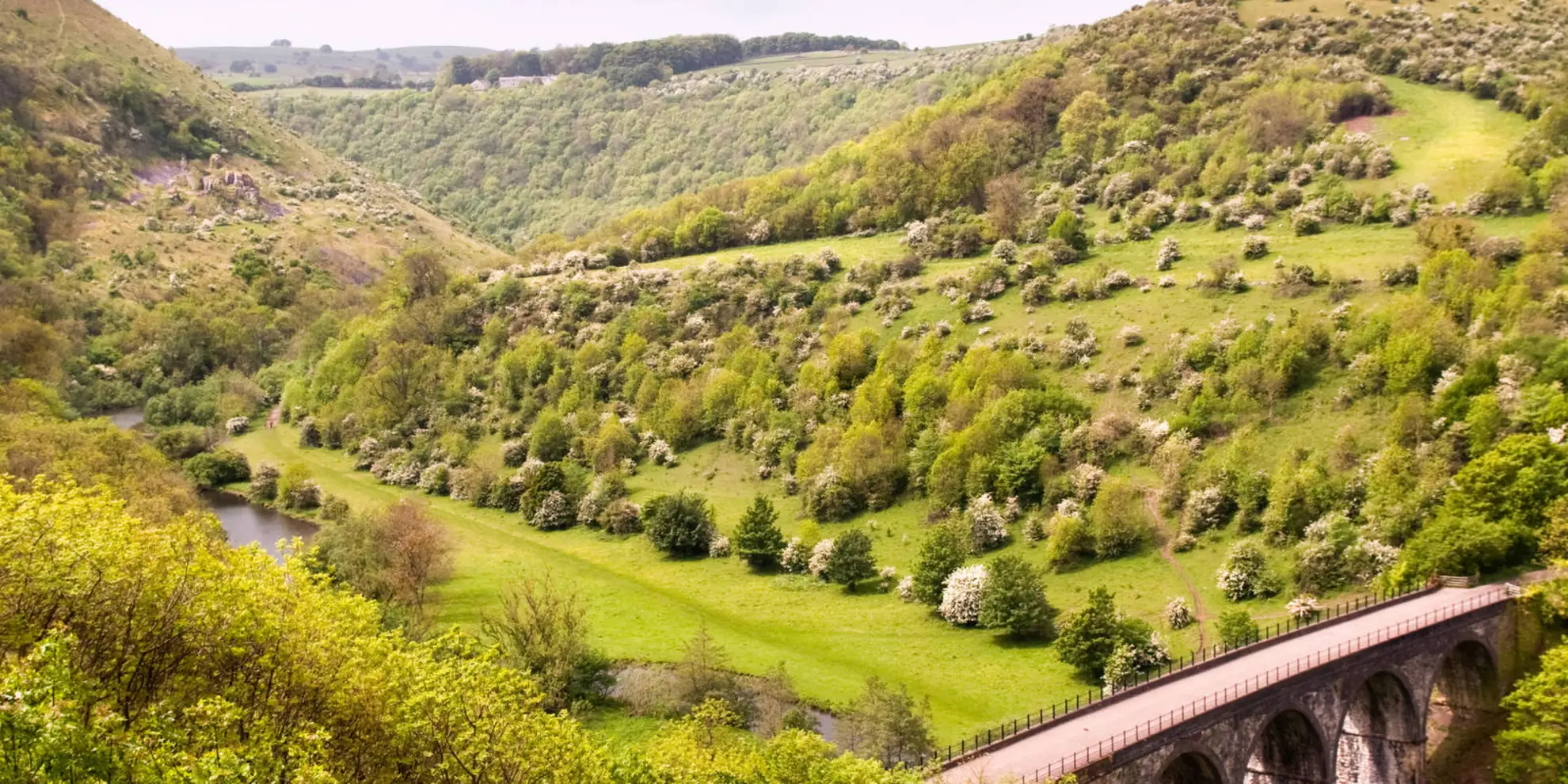 An image depicting the trail Little Longstone - Longstone Moor - Cressbrook Dale - Monsal Trail and Monsal Head and its surrounding area.