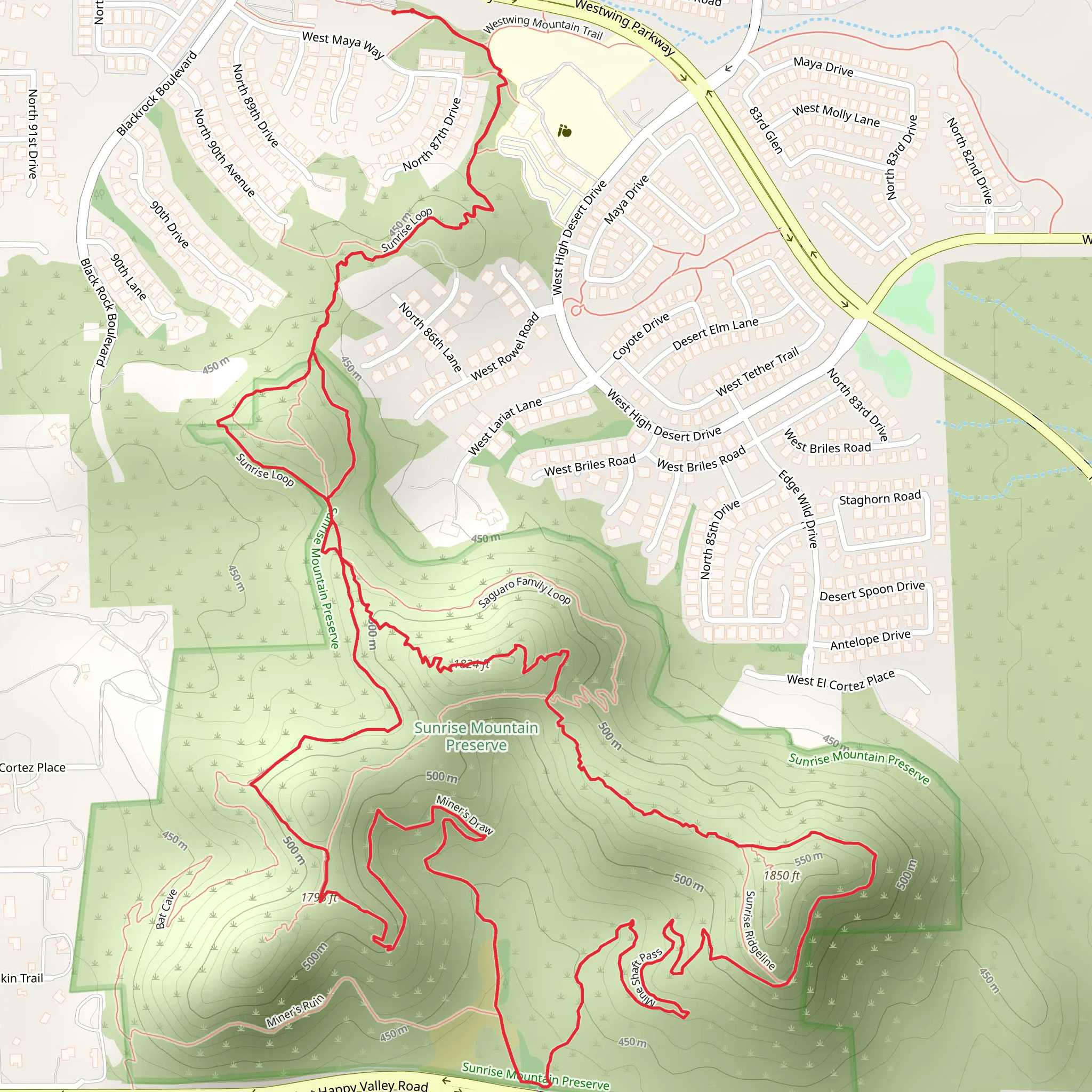 Sunrise Trail, Saguaro Family Trail and Mine Shaft Pass Loop mobile static map