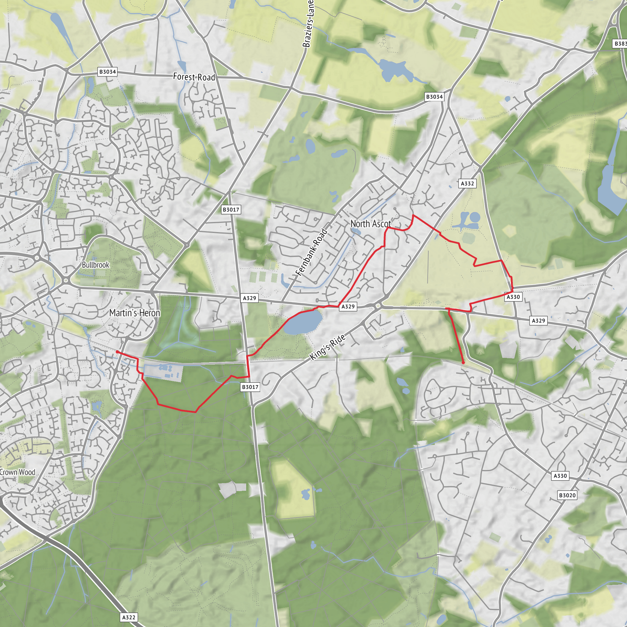 Martin's Heron to Ascot via Englemere Pond and Ascot Heath mobile static map