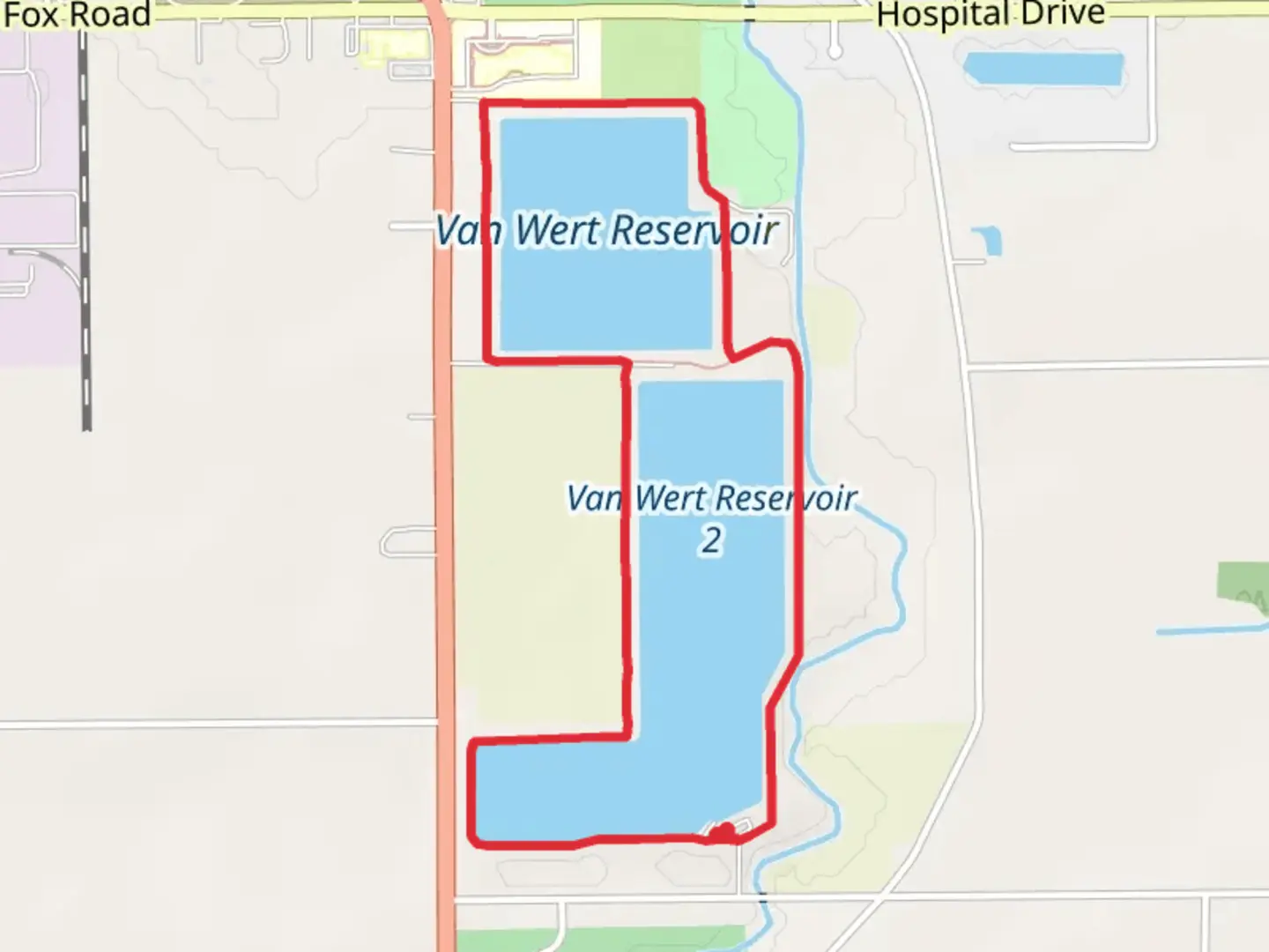An image depicting the trail Van Wert Reservoirs Loop and its surrounding area.