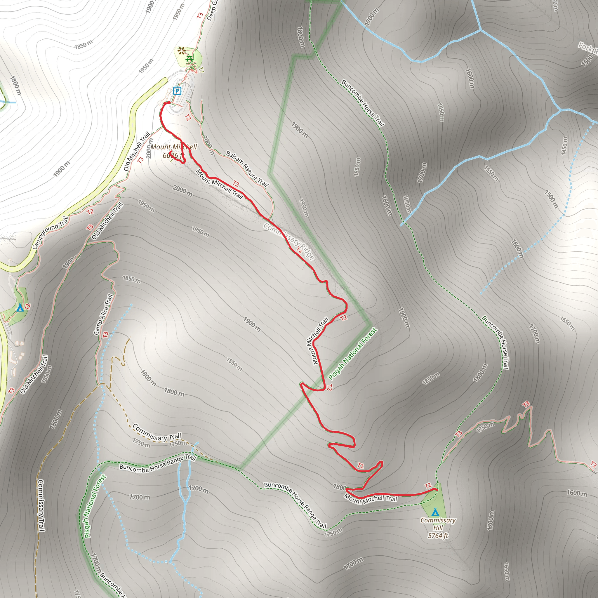 Mount Mitchell and Commissary Hill Backcountry Campsite via Mount Mitchell Trail mobile static map