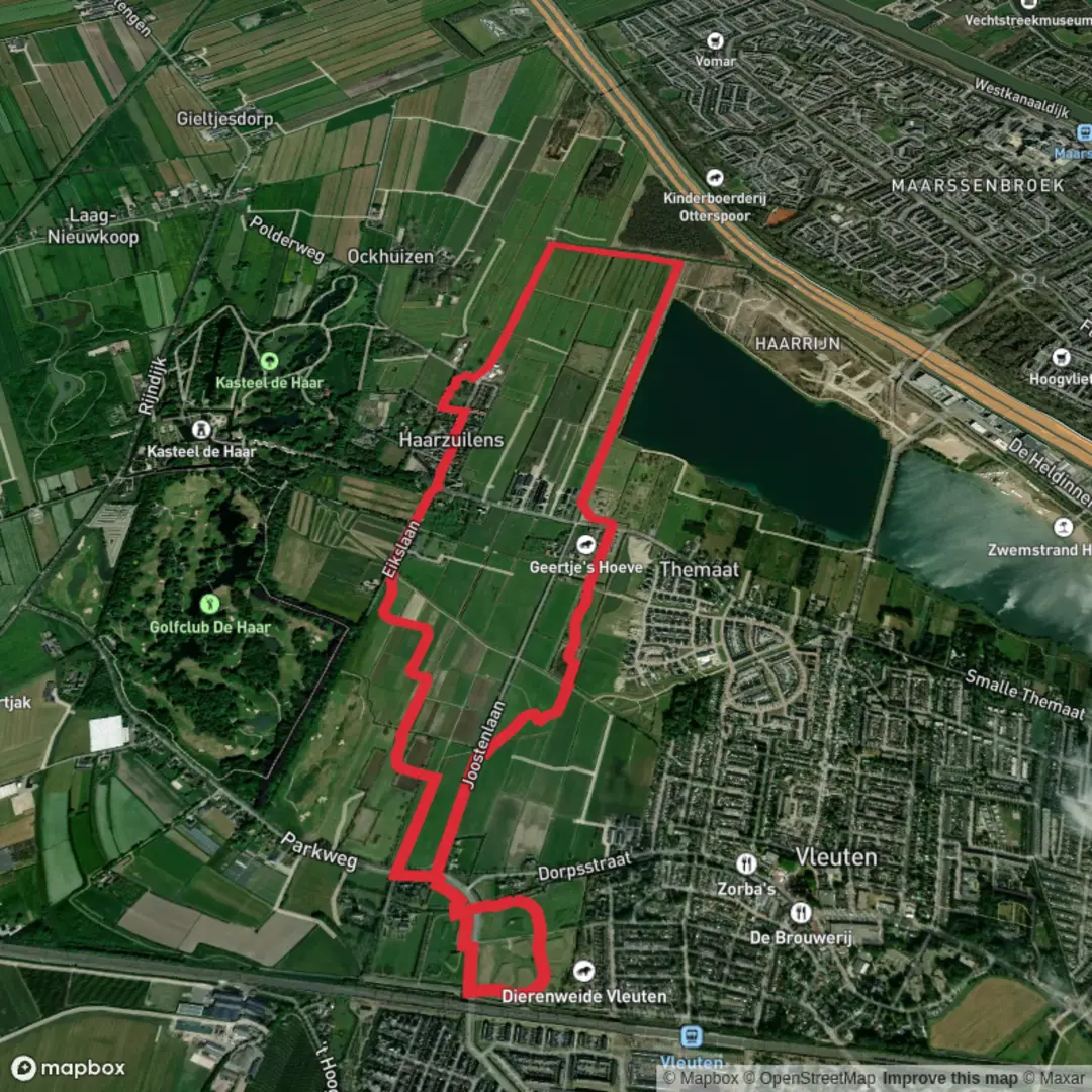 An image depicting the trail Hollaertpromenade, Rijnveldsche Pad and Verlengade Park Weg and its surrounding area.