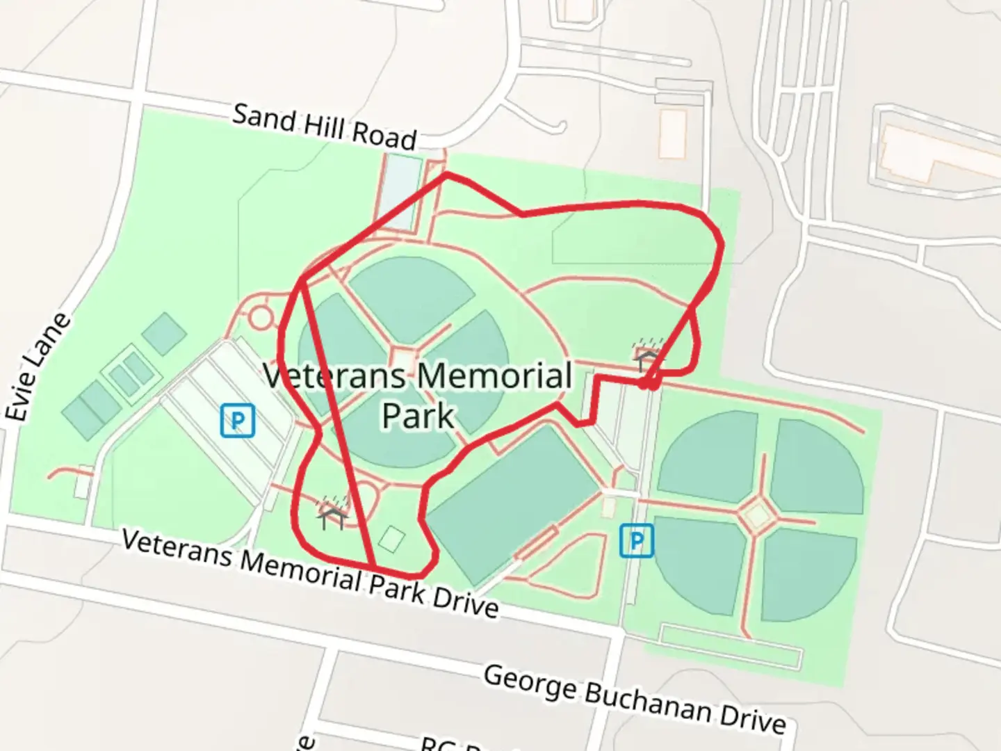 An image depicting the trail Veterans Memorial Park Loop and its surrounding area.