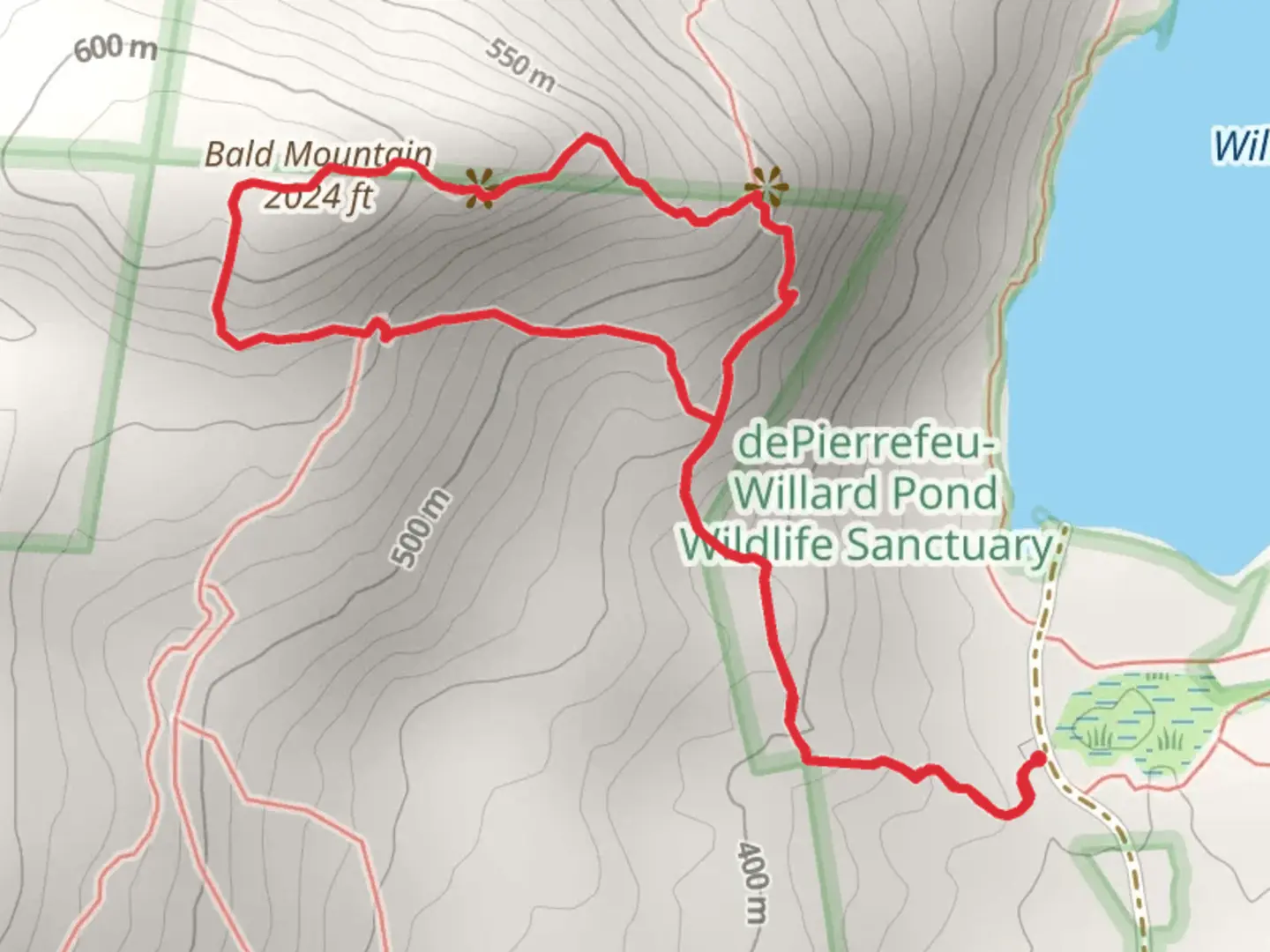 An image depicting the trail Bald Mountain and Depierrefeu-Willard Pond Loop and its surrounding area.