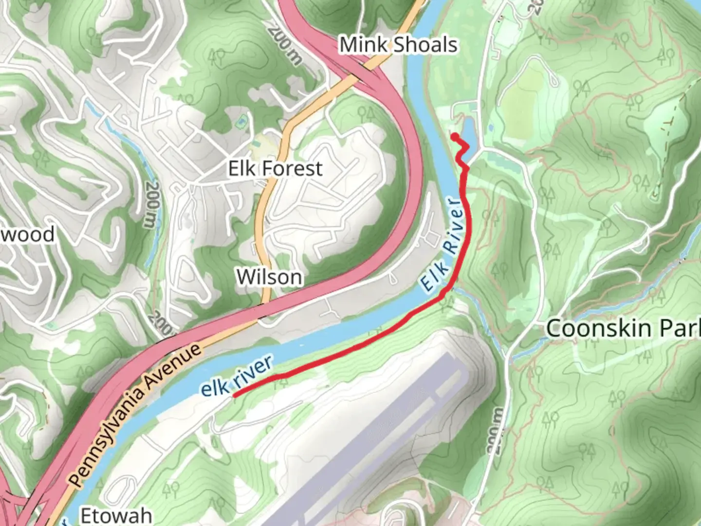 An image depicting the trail Elk River Trail from Coonskin Park Pond and its surrounding area.