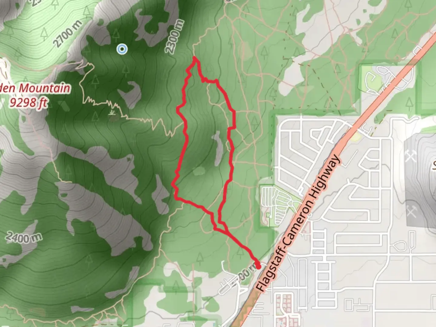 An image depicting the trail Elden Lookout and Fatman's Loop and its surrounding area.