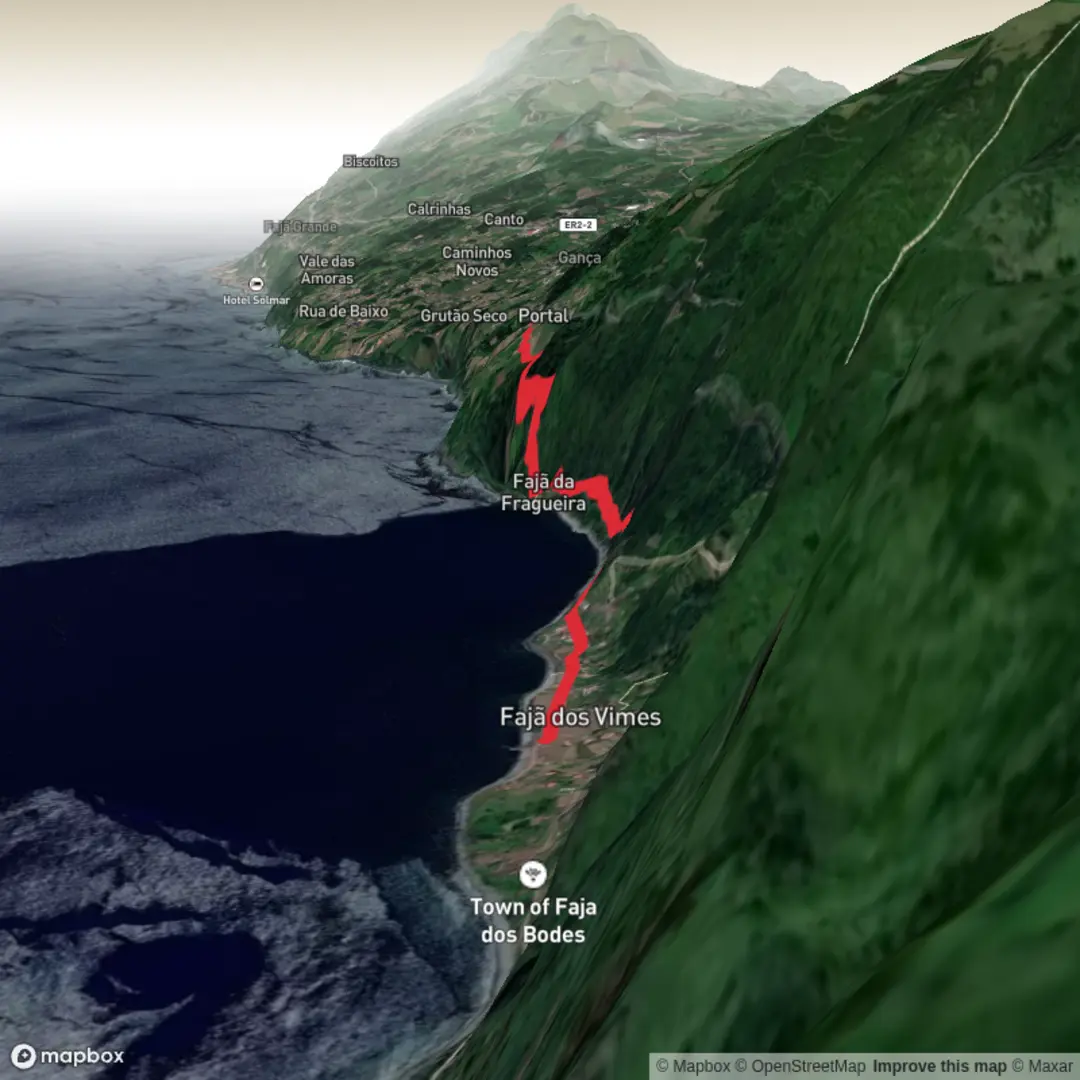 An image depicting the trail Fajã dos Vimes, Fragueira, Portal and Ribeira Seca and its surrounding area.