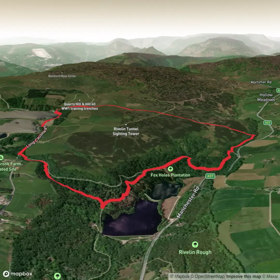 An image depicting the trail Wyming Brook Steady Walk bit longer via Redmires Reservoirs and its surrounding area.