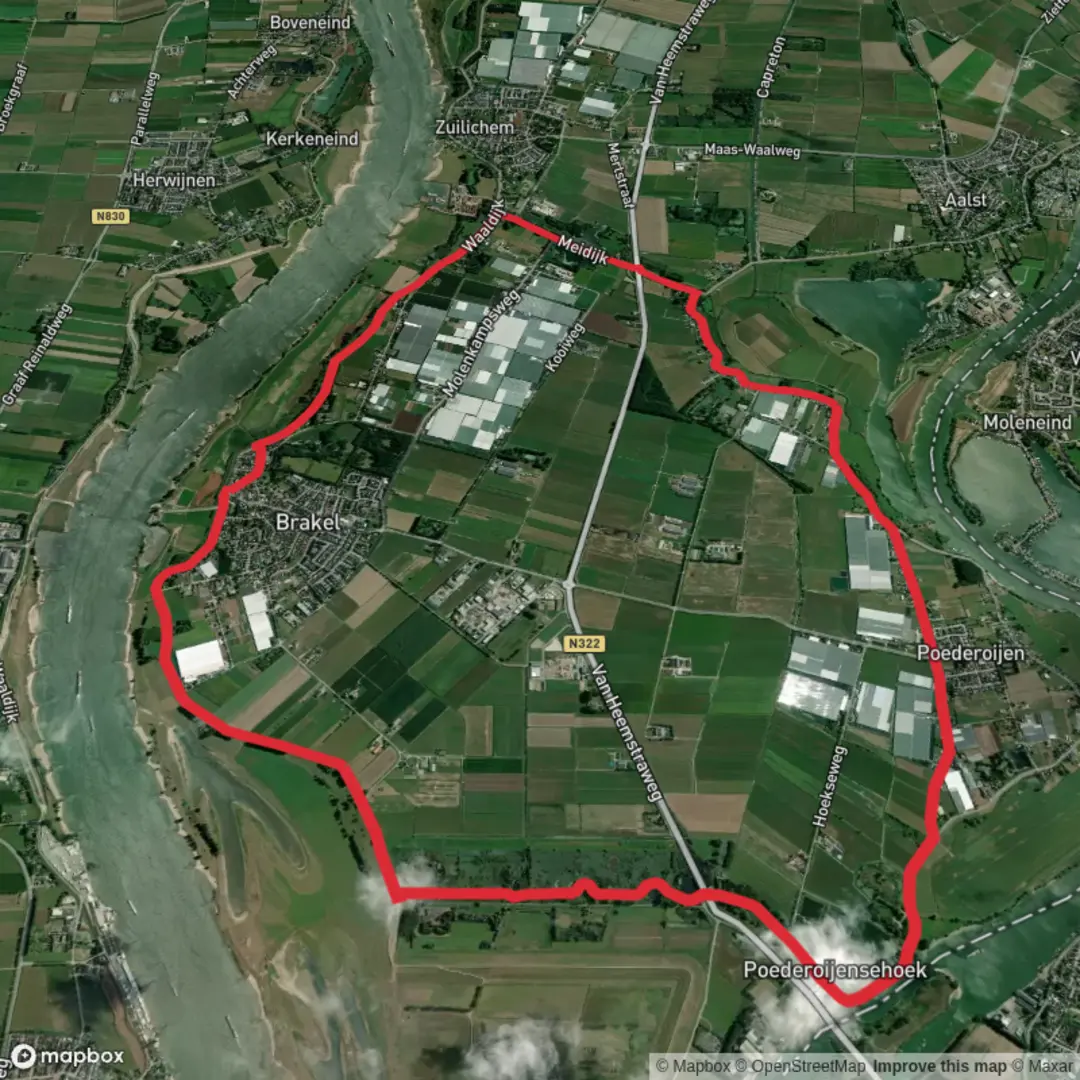 An image depicting the trail Waarden, Fort Batterij Onder Brakel and Meidijksche Wielen Loop and its surrounding area.