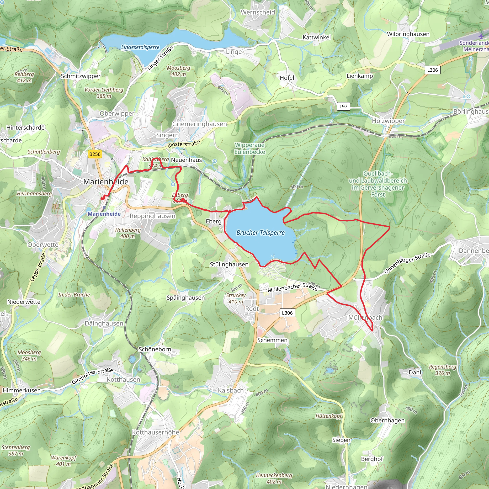 Brucher Talsperre via Marienheide and Bergischer Fuhrmanns Weg mobile static map