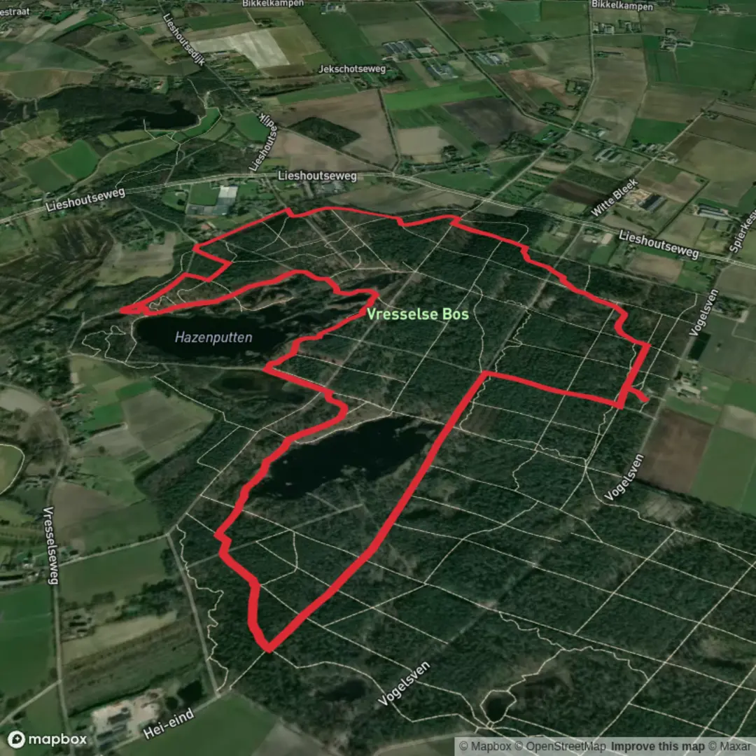 An image depicting the trail Hazenputten in Vresselse Bos and its surrounding area.
