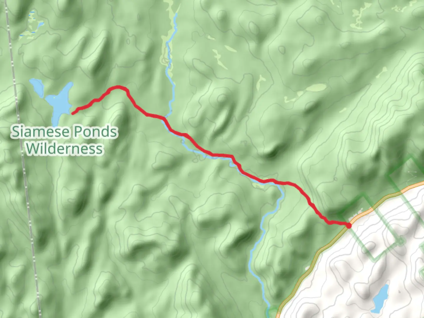 An image depicting the trail Siamese Ponds via East Branch Sacandaga River and its surrounding area.