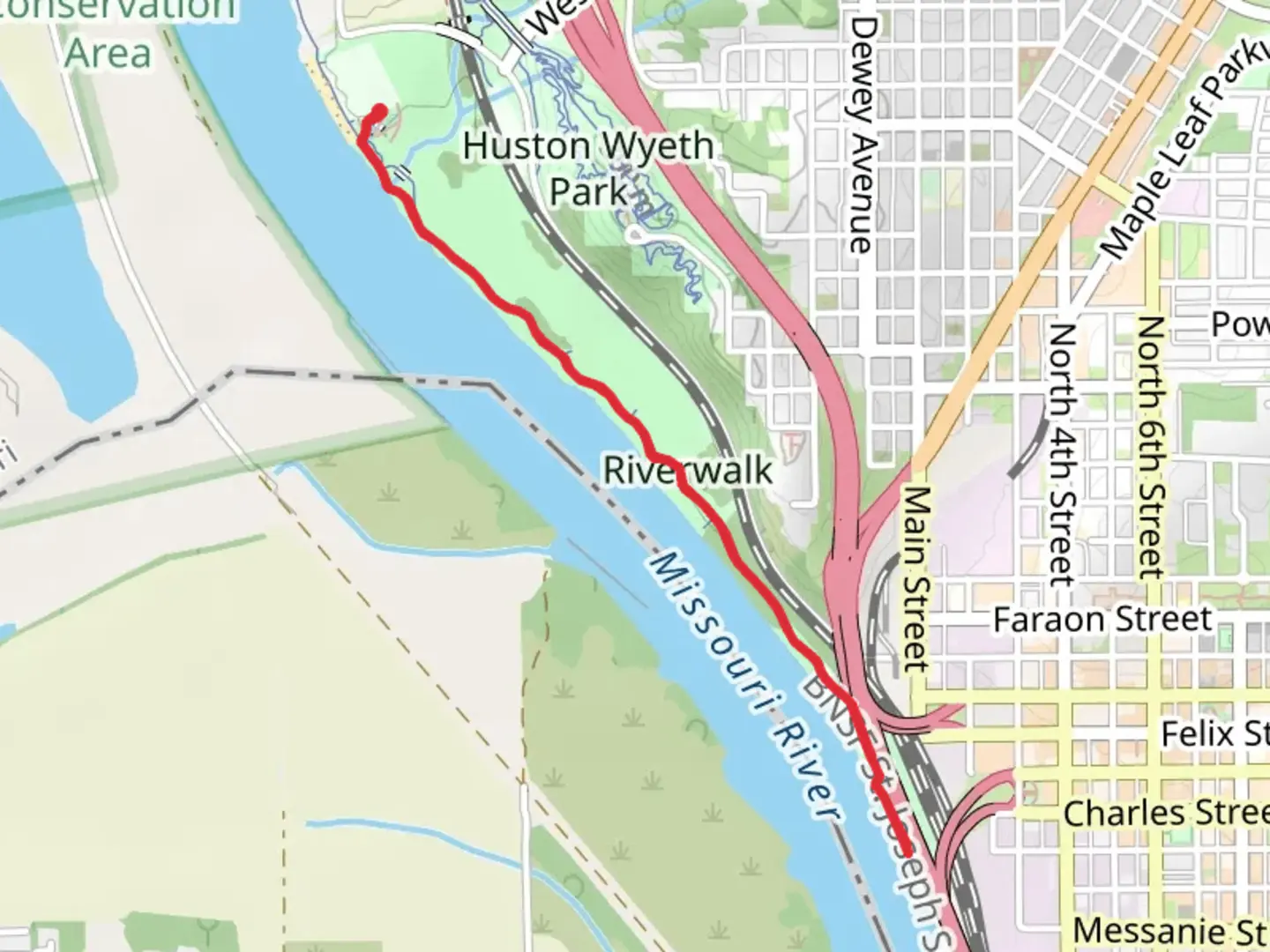An image depicting the trail Roys Branch and Missouri River Walk and its surrounding area.