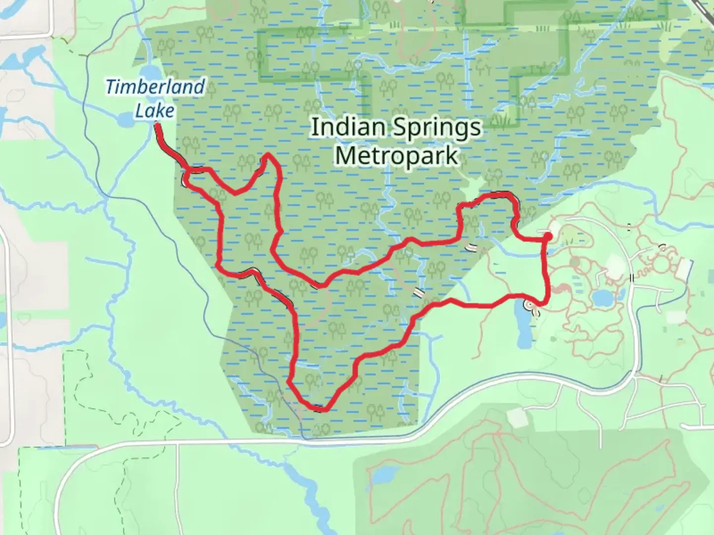 An image depicting the trail Indian Springs Metropark Loop and its surrounding area.
