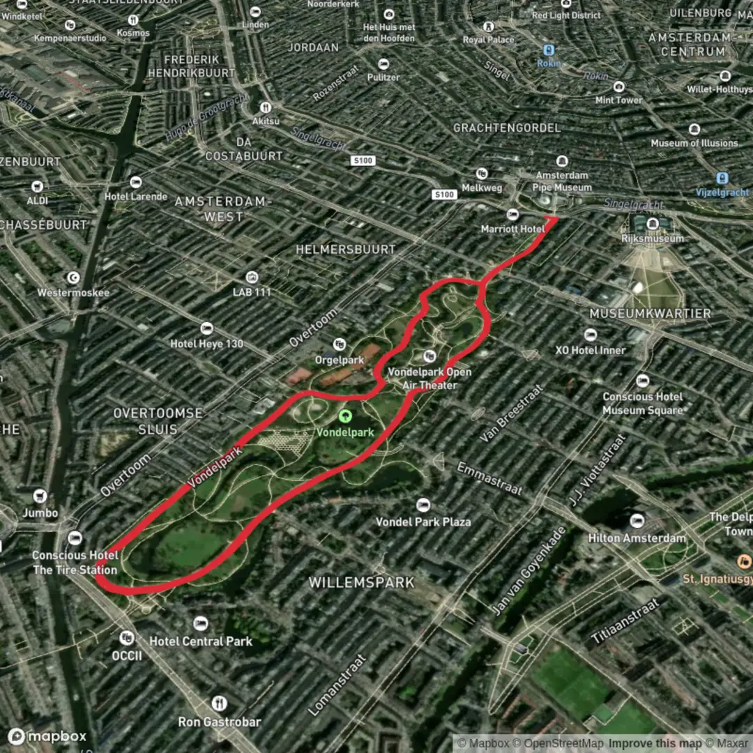 An image depicting the trail Vondelpark Loop and its surrounding area.