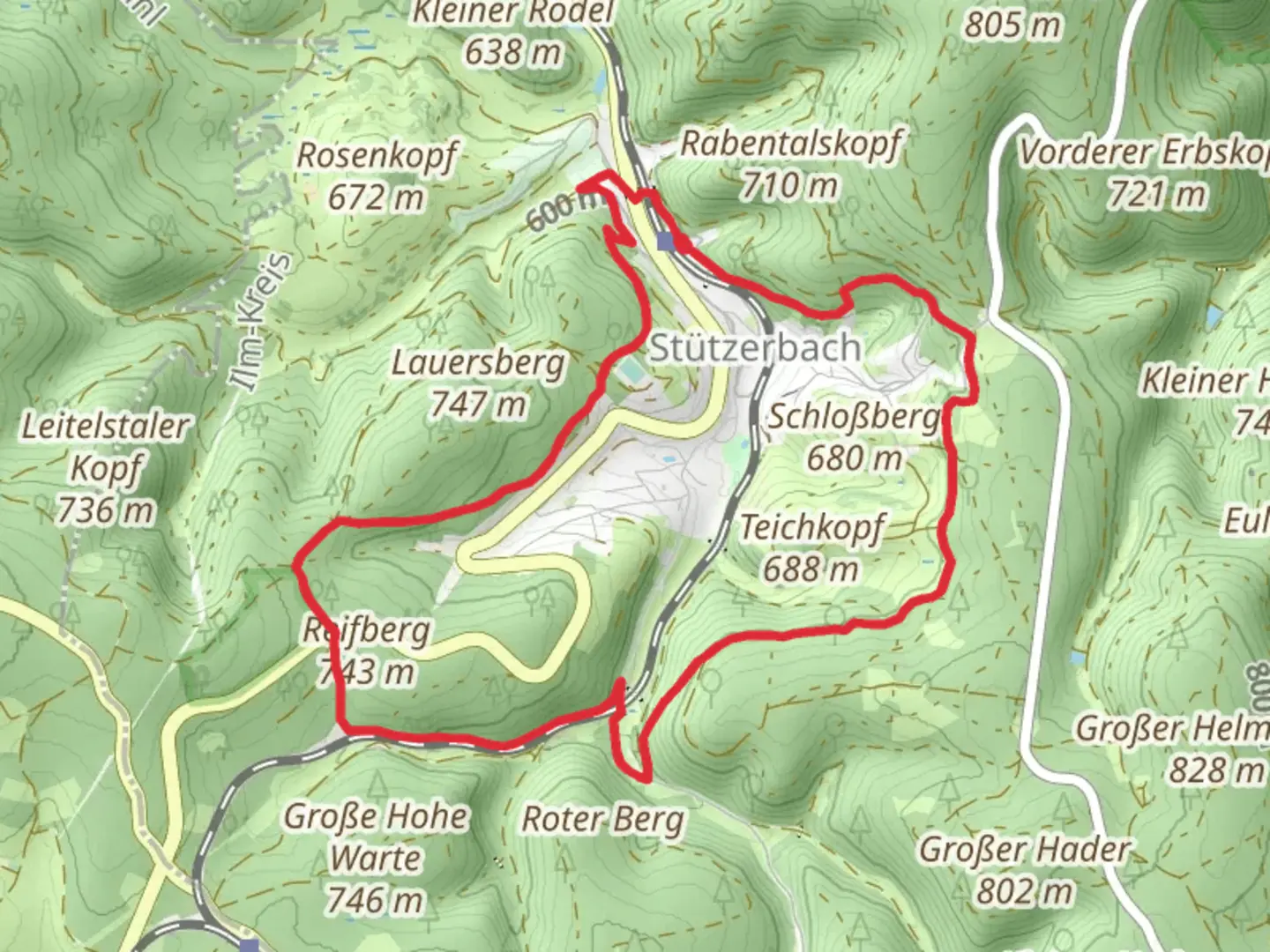 An image depicting the trail Doktor Wald Weg and Skiwanderweg zum Rennsteig and its surrounding area.