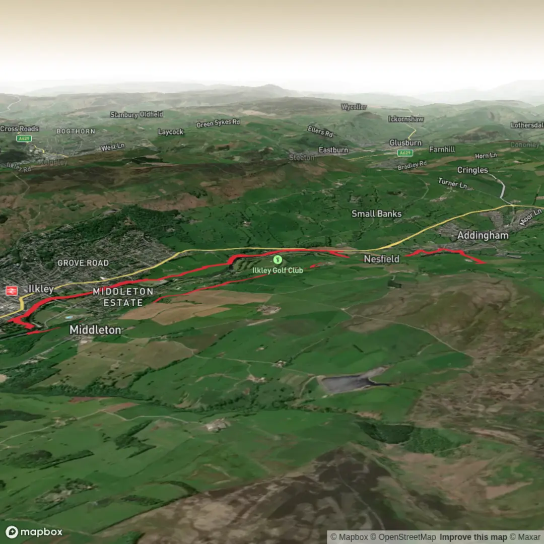 An image depicting the trail Middleton Woods and Suspension bridge - Ilkley Loop and its surrounding area.