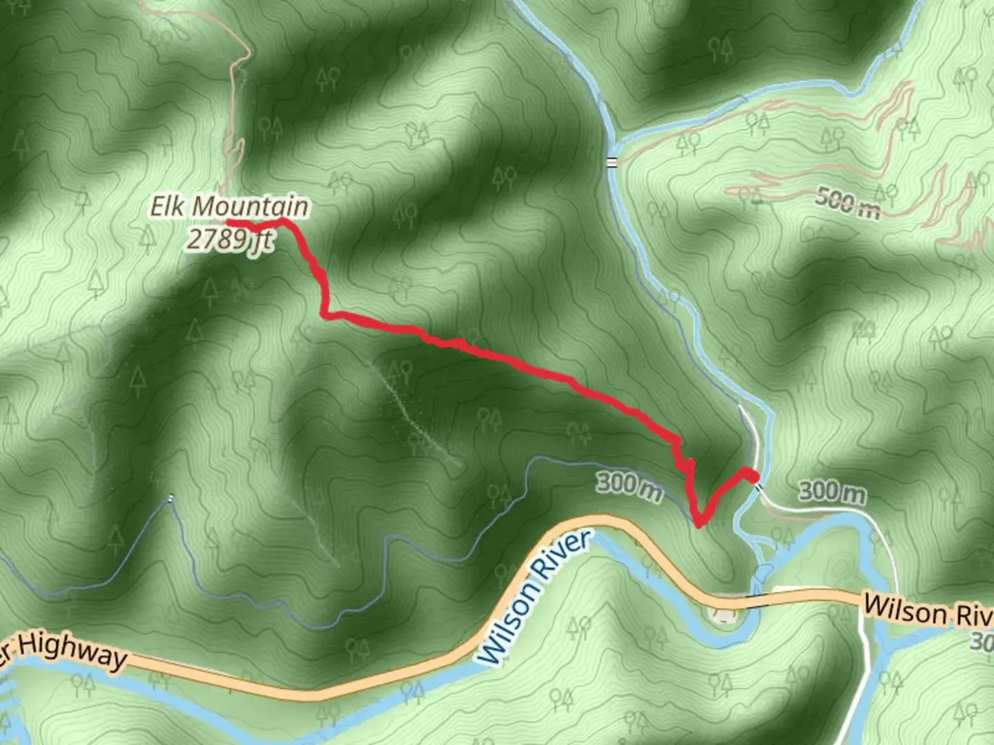 An image depicting the trail Elk Mountain via Wilson River Trail and its surrounding area.