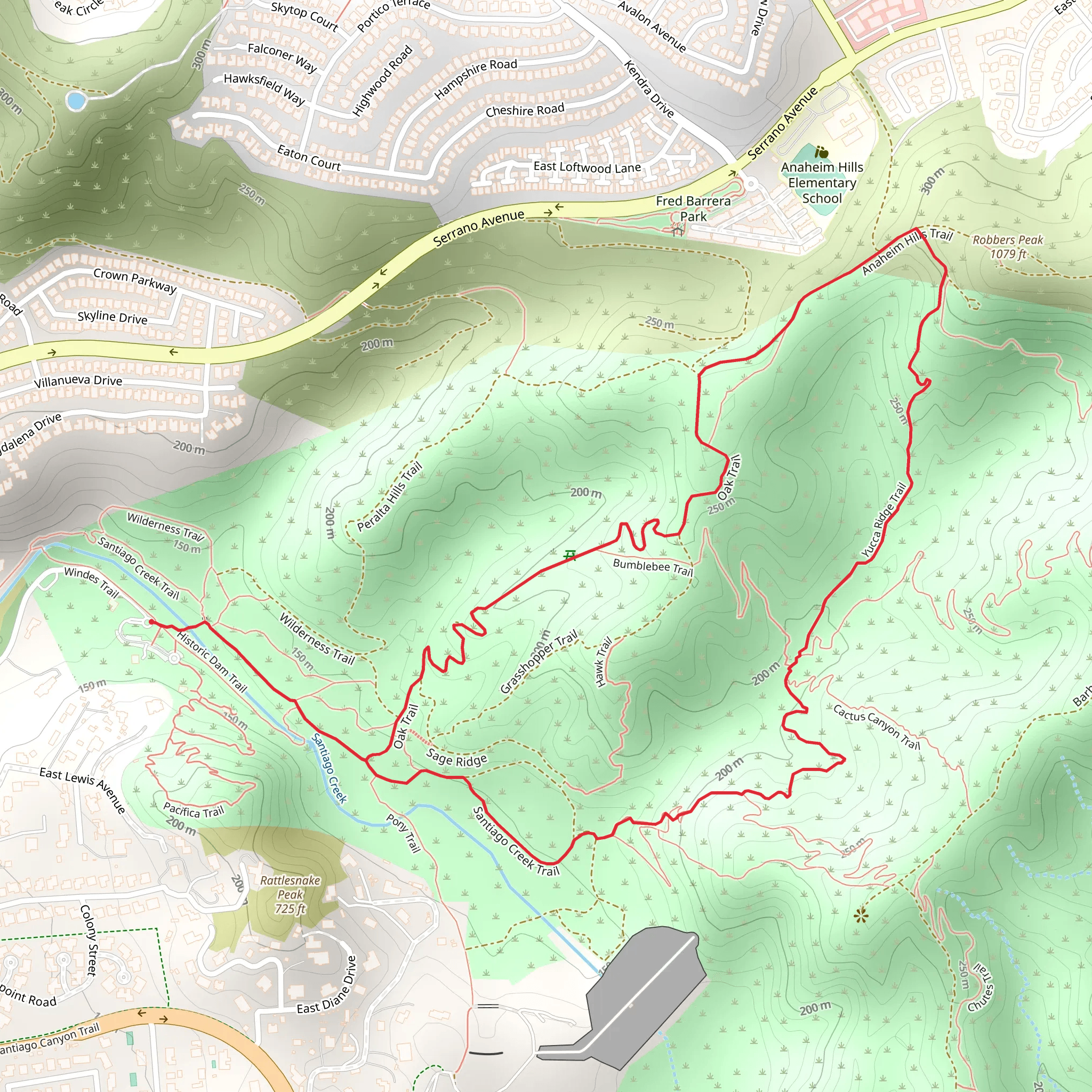 Santiago Creek - Yucca Ridge - Oak Loop Trail mobile static map
