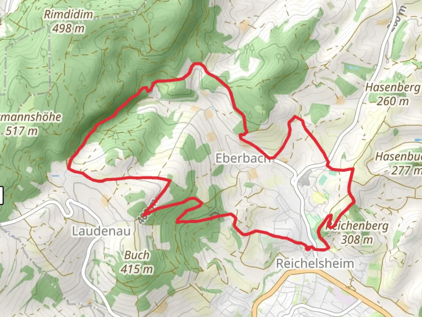 An image depicting the trail Fraenkisch Crumbach and Laudenau 1 and its surrounding area.