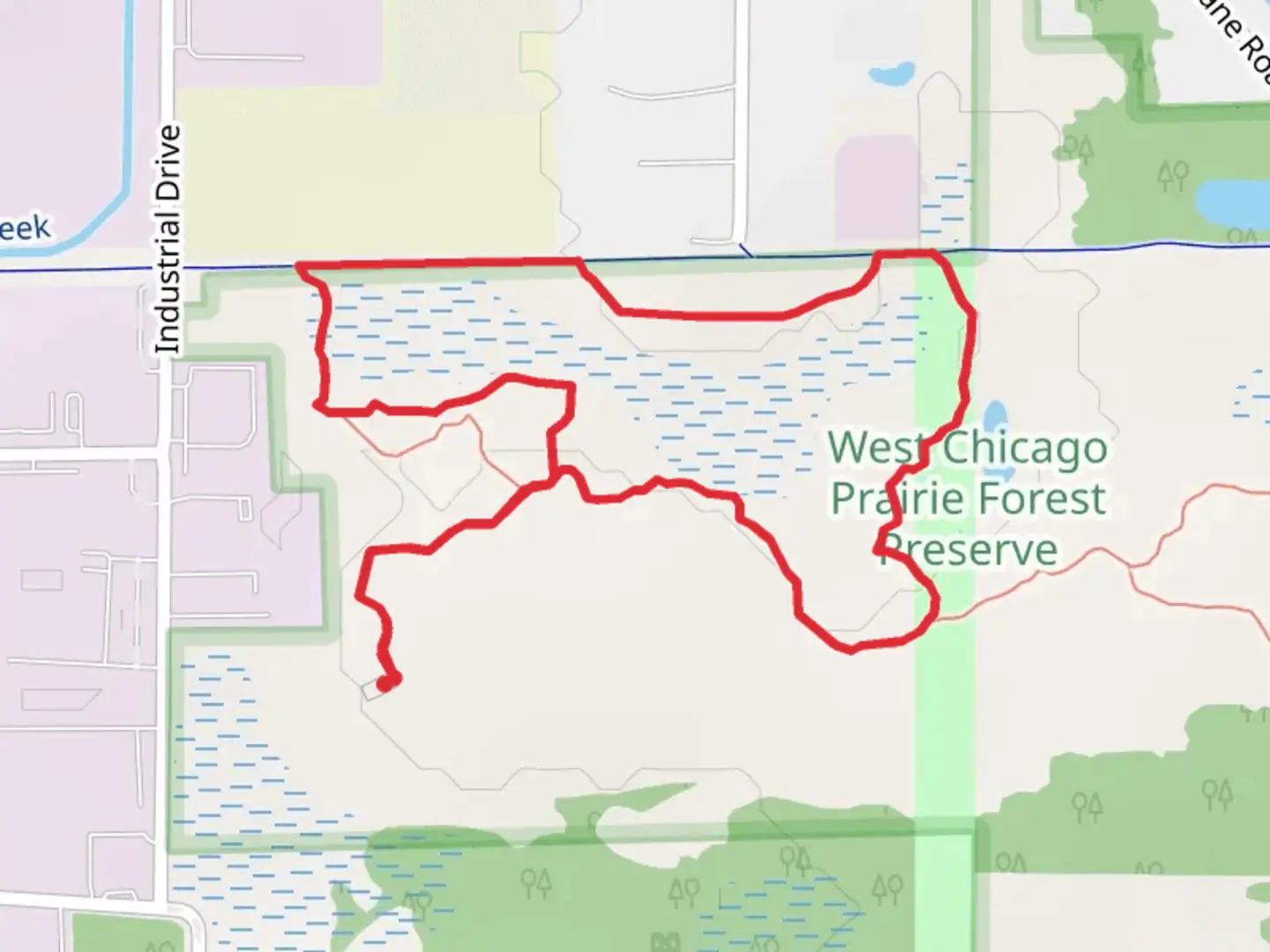 An image depicting the trail Gentian Trail and MacQueen Woodland Trail and its surrounding area.