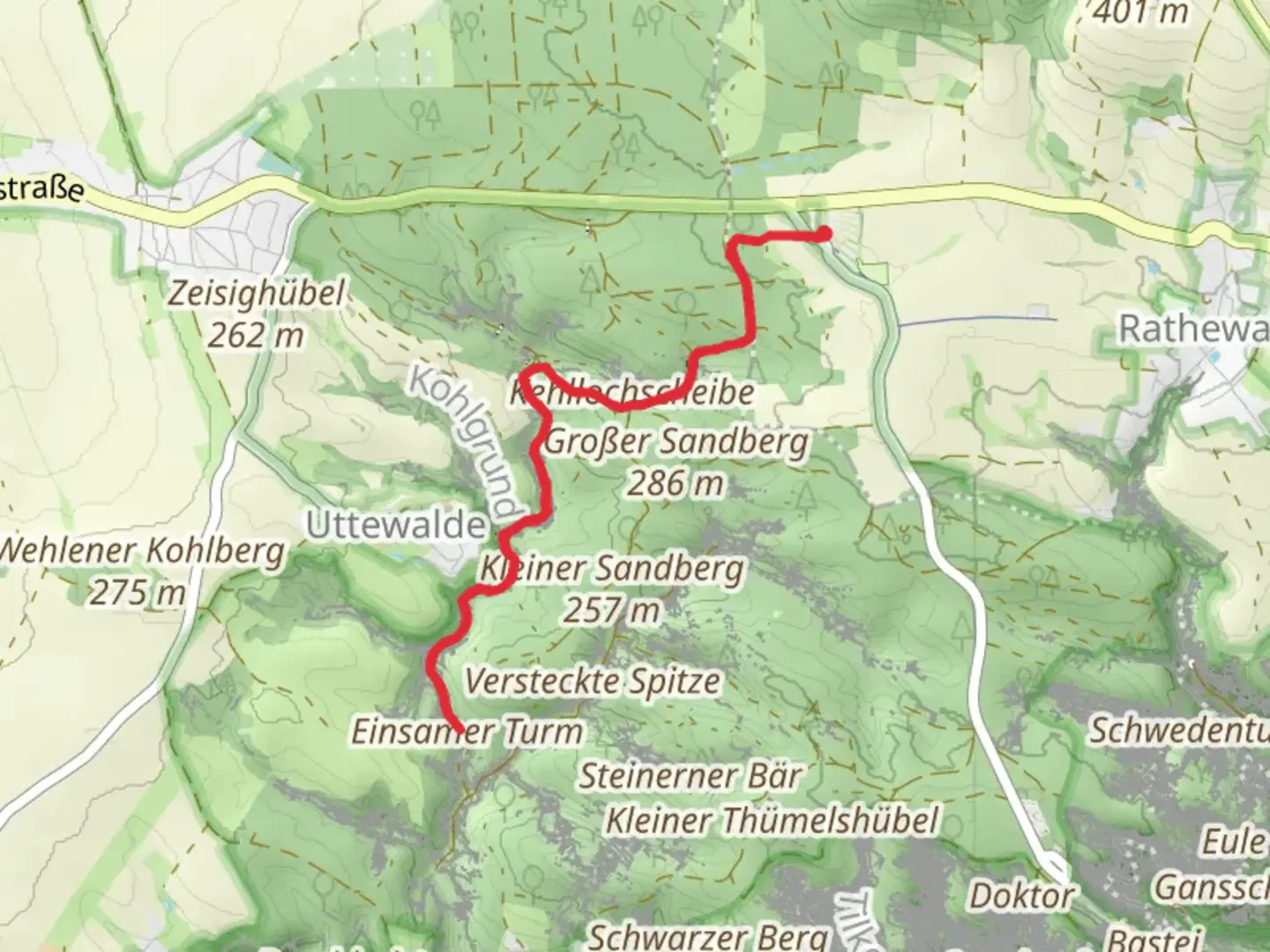 An image depicting the trail Einsamer Turn Walk via Malerweg and its surrounding area.
