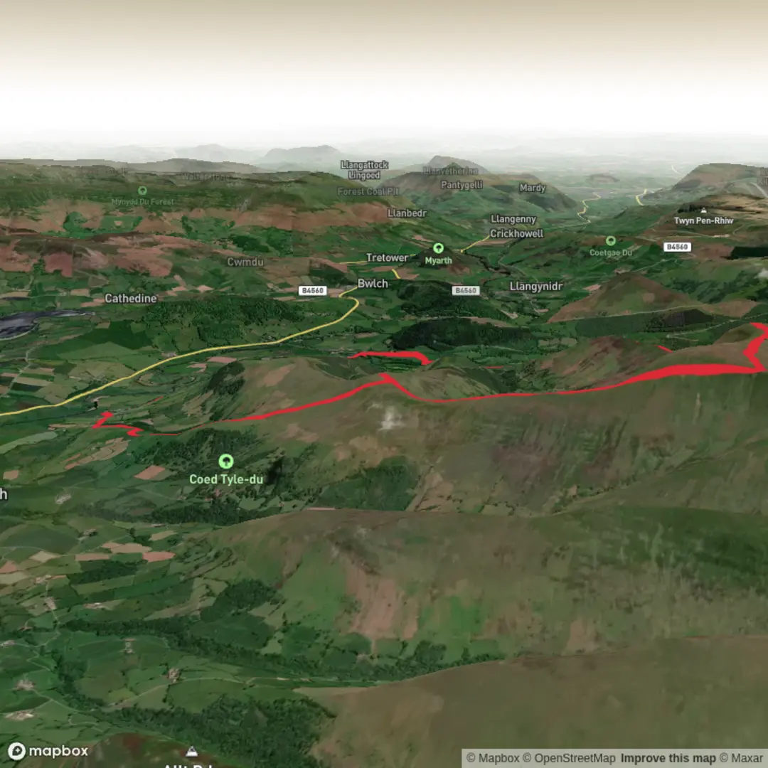 An image depicting the trail Pen y Bryn & Carn Pica from Pencelli and its surrounding area.