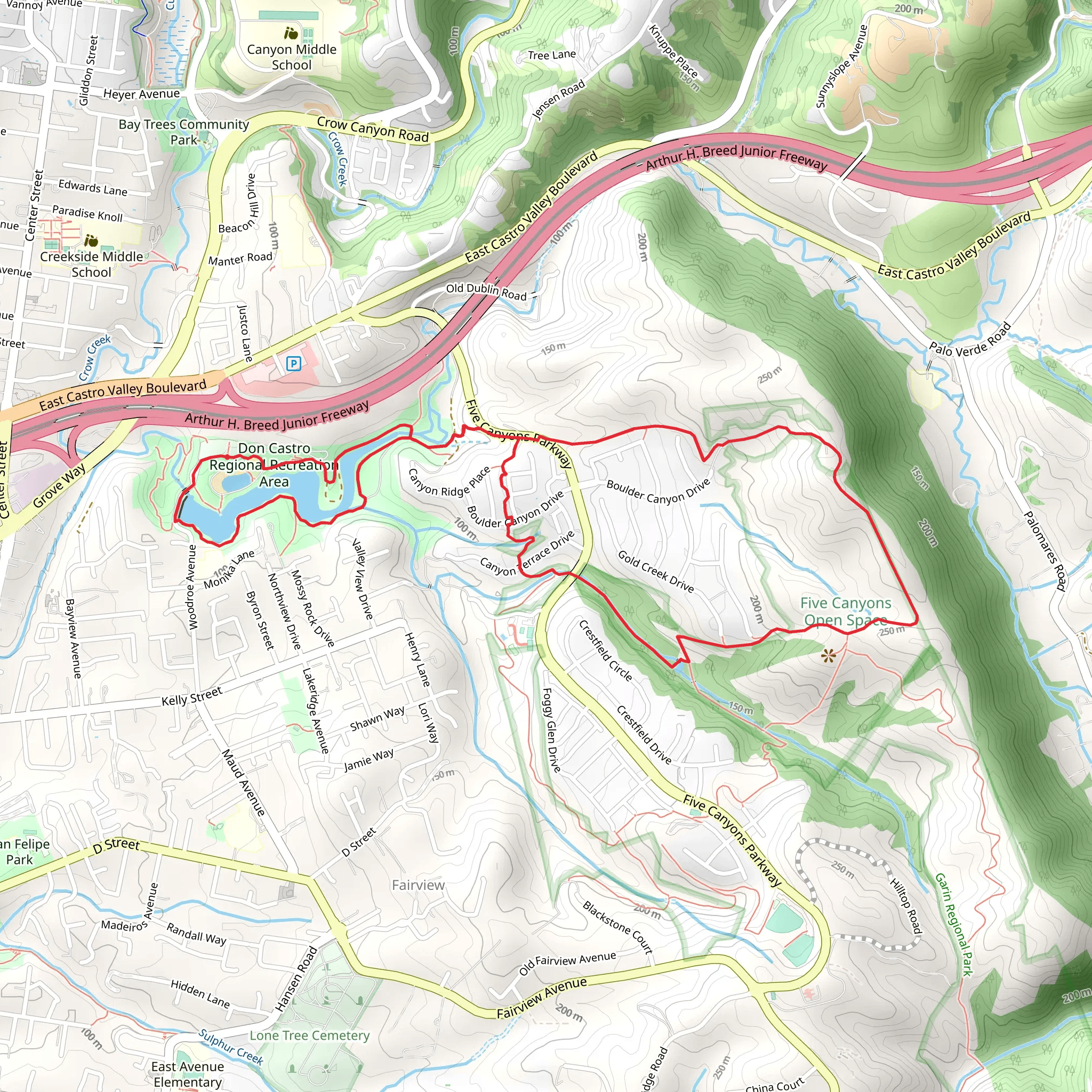 Don Castro Lake, Shady Canyon and Bay Area Ridge Loop Trail mobile static map