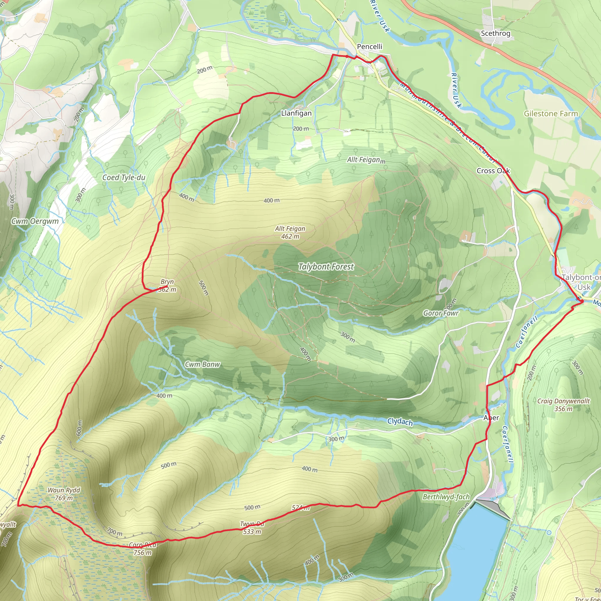 Pen y Bryn & Carn Pica from Pencelli mobile static map