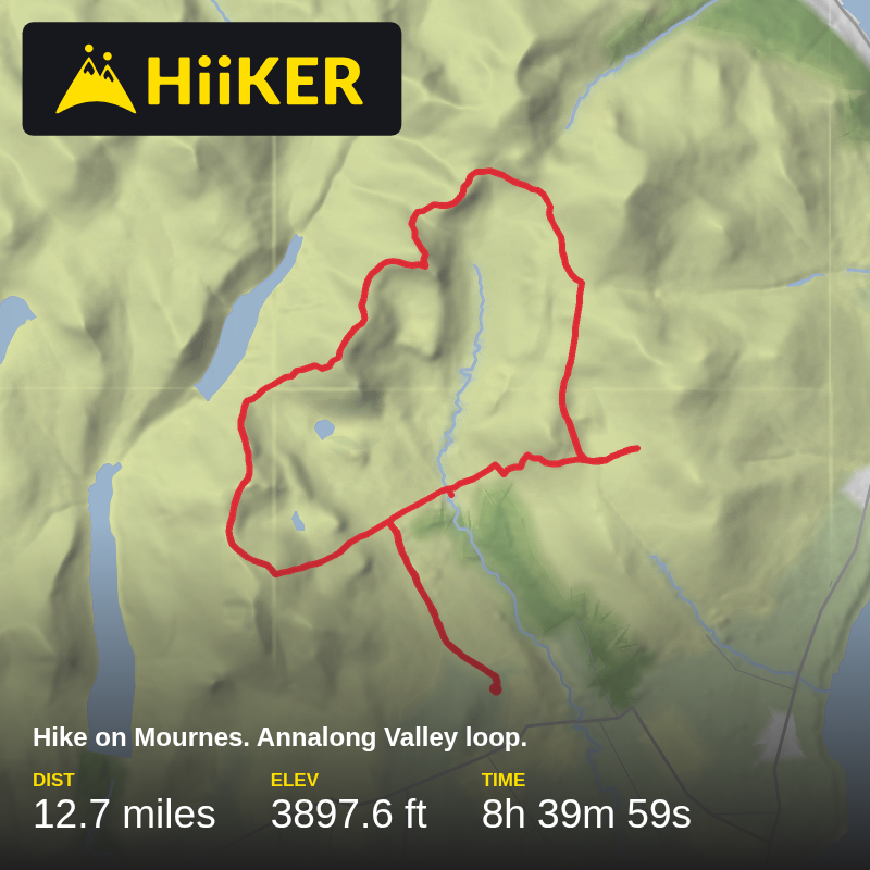 A map preview of the recording Hike on Mournes. Annalong Valley loop..