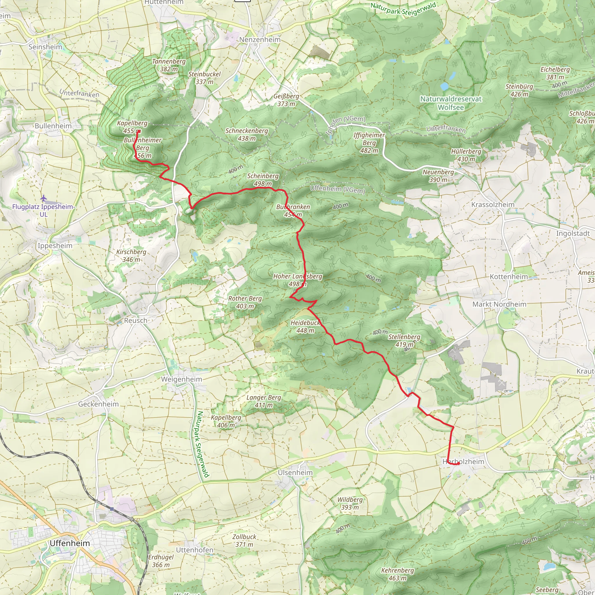 Herbolzheim to Kapellberg via Steigerwald Panoramaweg mobile static map