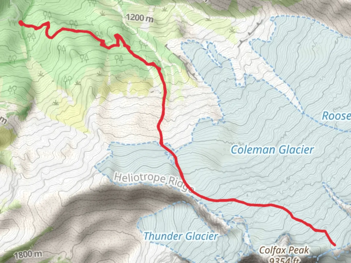 An image depicting the trail Heliotrope Ridge Trail and Coleman Deming Route and its surrounding area.