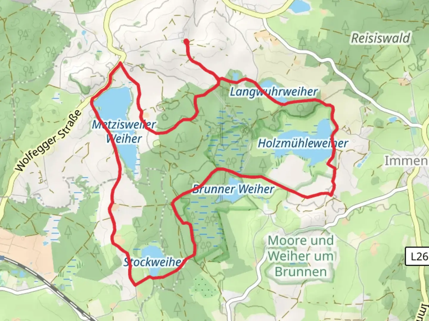 An image depicting the trail Langwuhrweiher, Holzmuehleweiher and Metzisweiler Weiher via Moos Weg and its surrounding area.