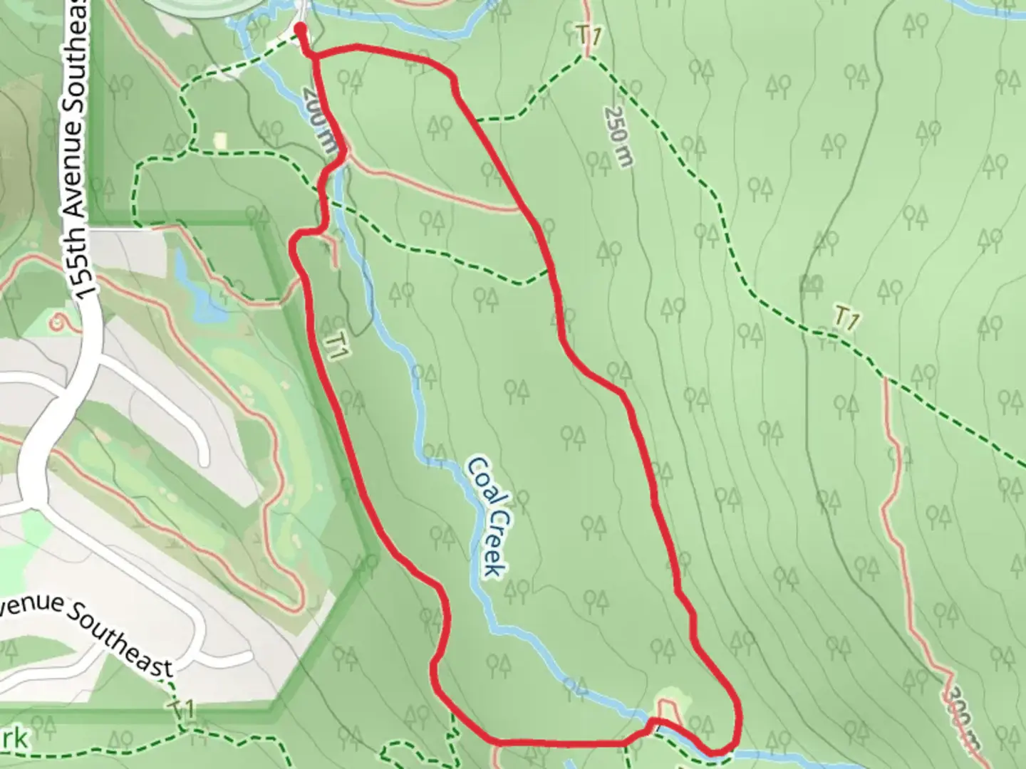 An image depicting the trail Coal Creek Loop and its surrounding area.