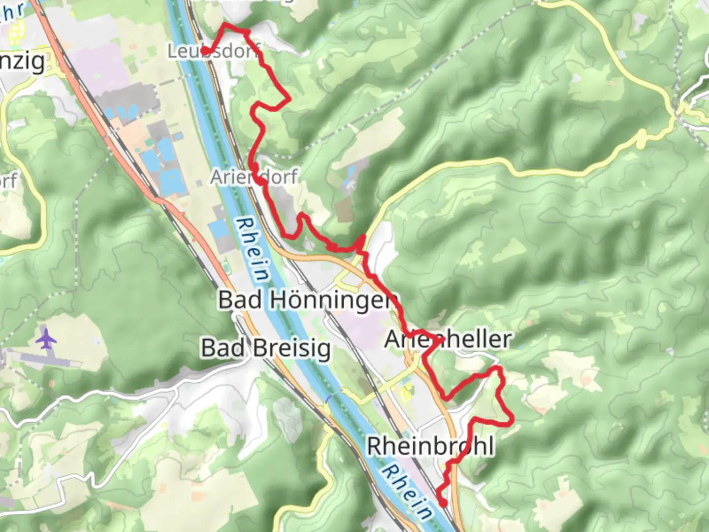 An image depicting the trail Leubsdorf to Rheinbrohl Walk and its surrounding area.