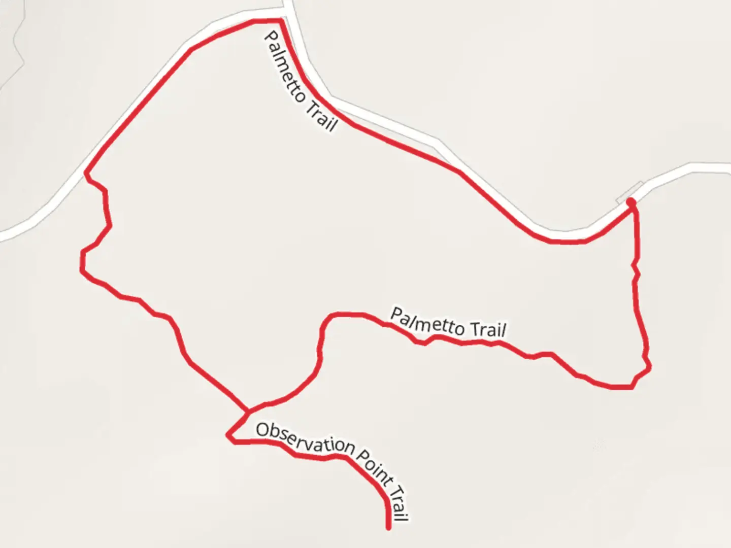 An image depicting the trail Observation Point and Palmetto Loop Trail and its surrounding area.