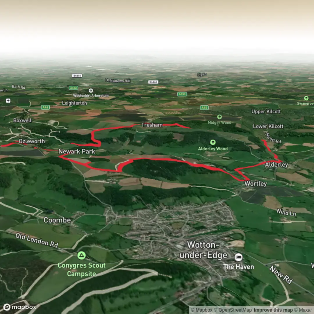 An image depicting the trail Circular route from Newark Park taking in Ozleworth bottom, Ozleworth Norman church, Tresham, Alderley and its surrounding area.