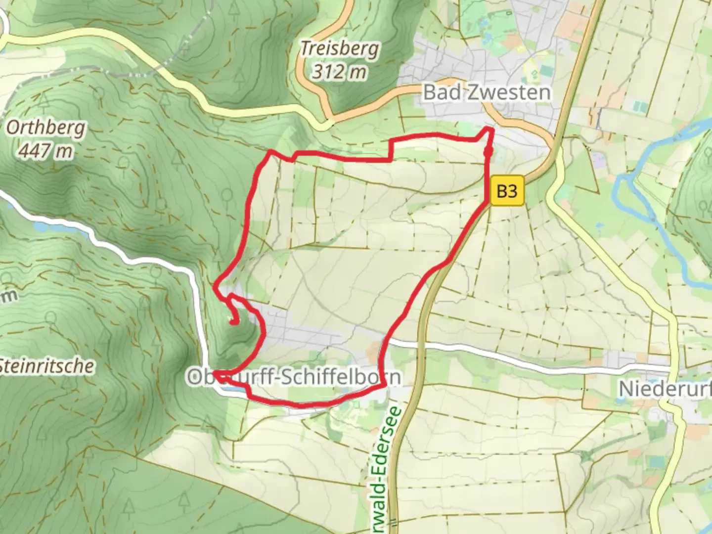 An image depicting the trail Oberurffer See and Burgruine Loewenstein Loop and its surrounding area.