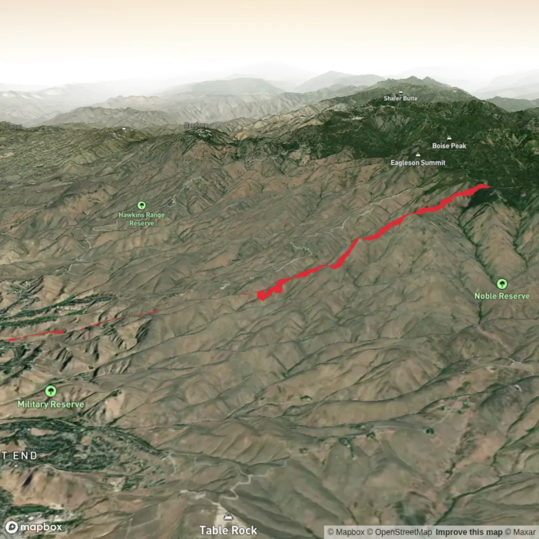 An image depicting the trail Lower Hulls Gulch to 8th Street Trail to Boise Ridge Road and its surrounding area.