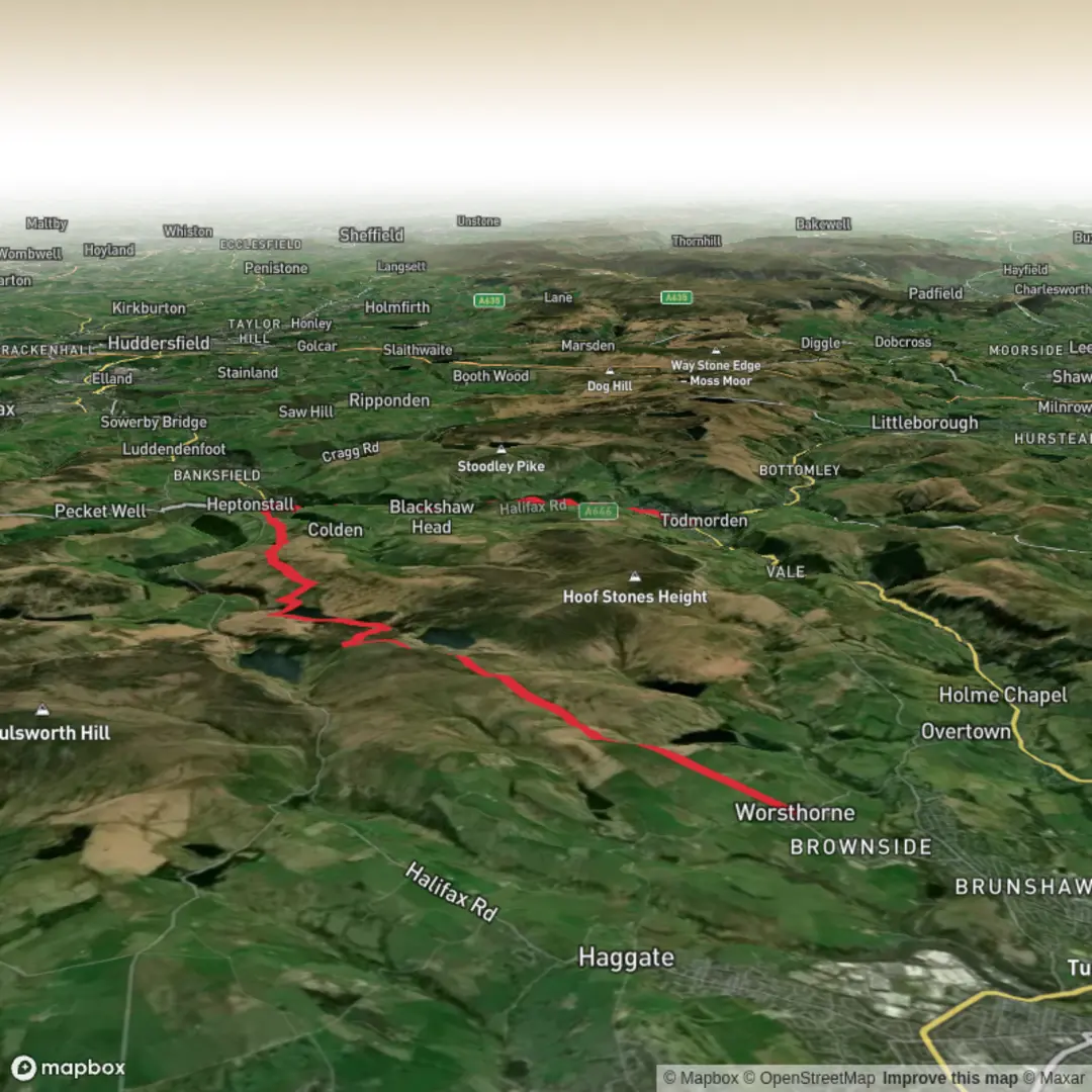 An image depicting the trail Worsthorne to Todmorden bus station via Hebden Bridge and its surrounding area.