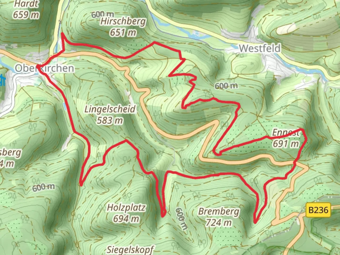 An image depicting the trail Oberkirchen Loop and its surrounding area.