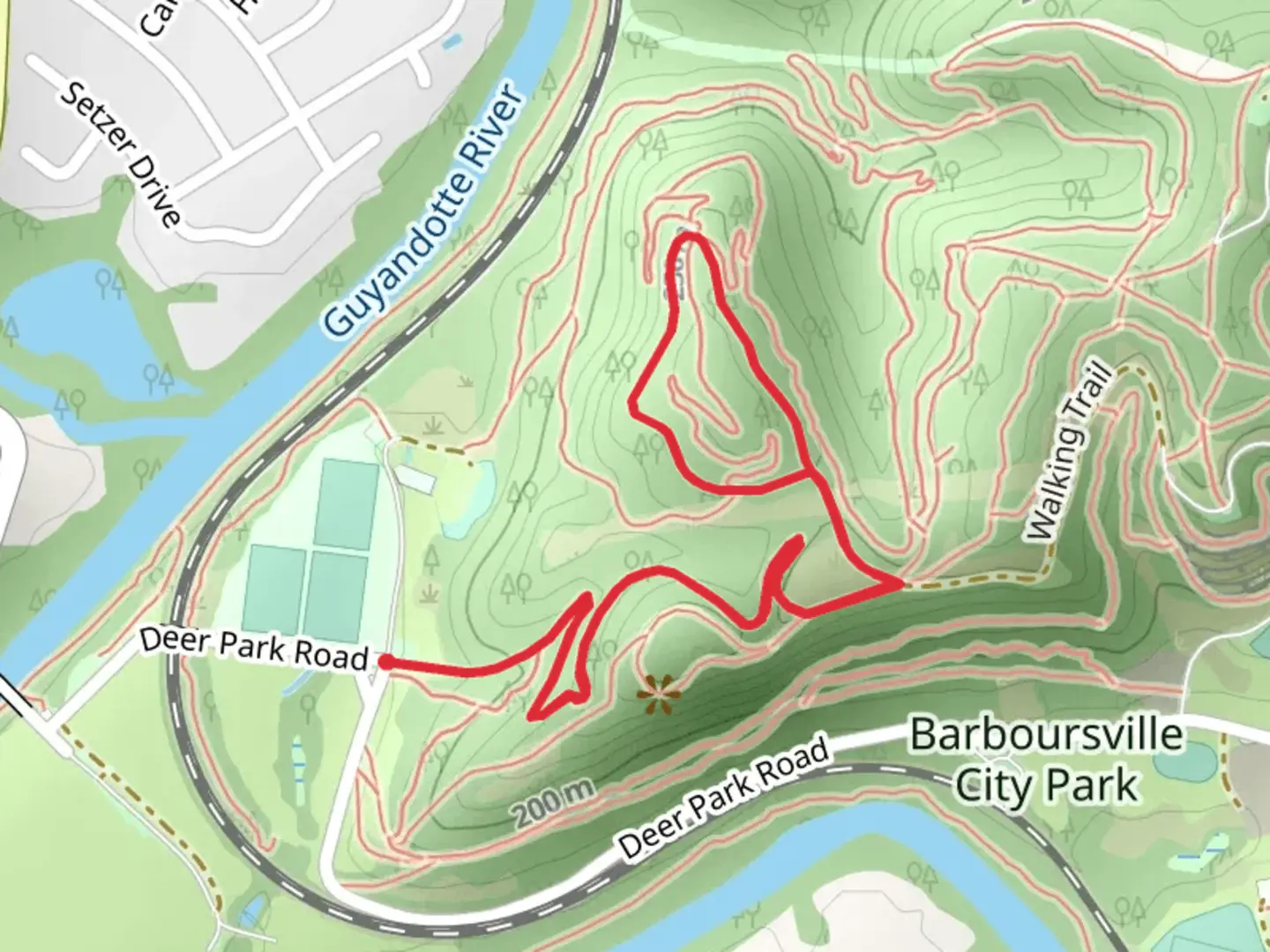 An image depicting the trail Rocket Trail and Devils Hollow Loop Trail and its surrounding area.