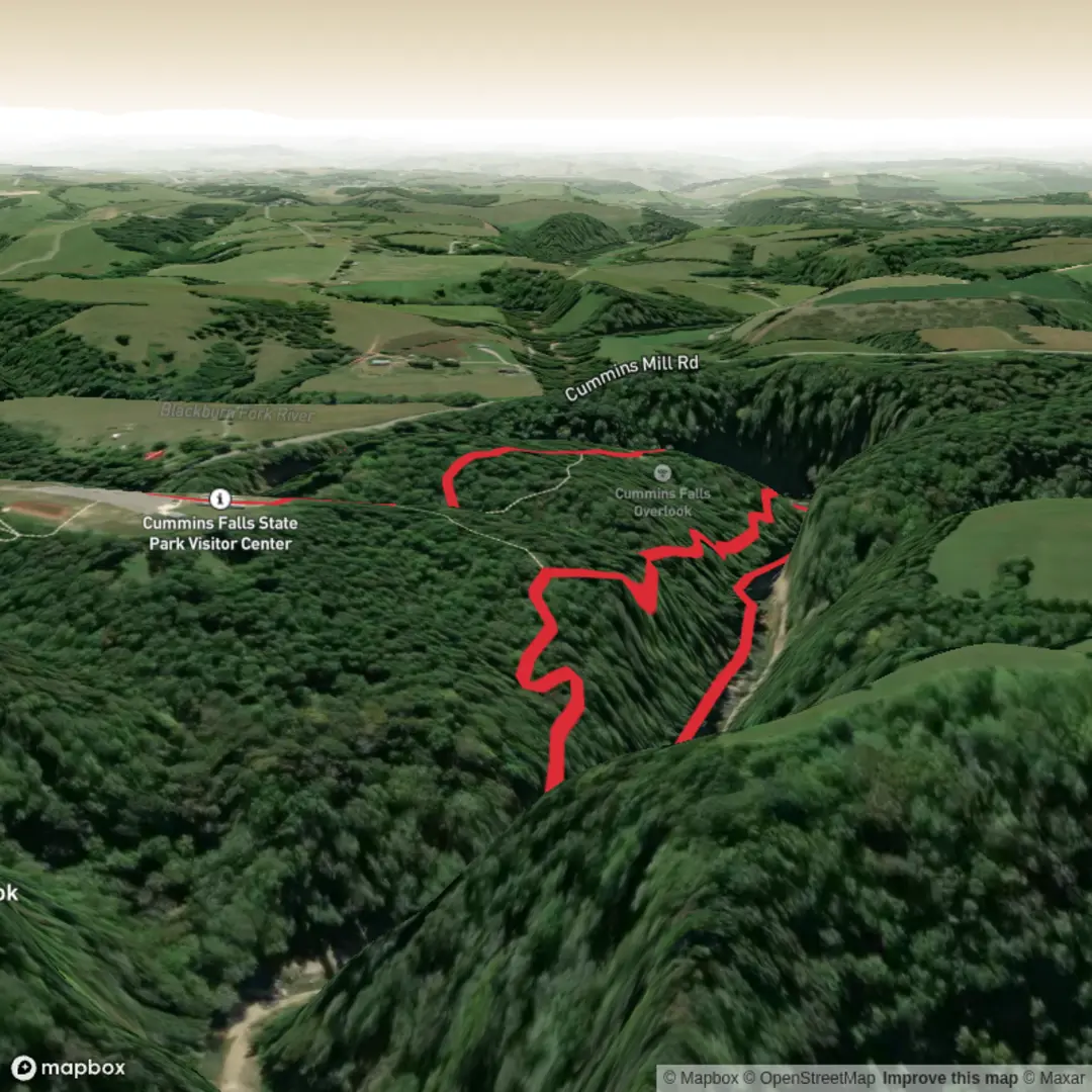 An image depicting the trail Cummins Falls via Falls Route and John Cummins Trail and its surrounding area.