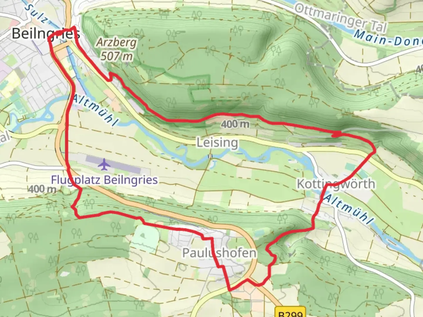 An image depicting the trail Altmuehltal Runde and Rundweg Kinding K2 and its surrounding area.